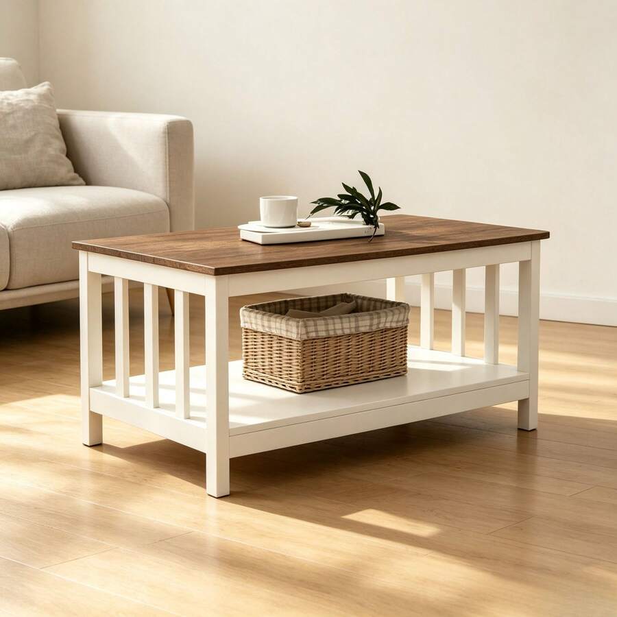 1 Mesa de Centro Estilo Granja de Madera, Mesa de Café Rectangular con Estante Inferior de Almacenamiento, Diseño de Misión con Listones Laterales, Mesa Baja Blanca para Sala de Estar y Hogar - Blanco - Ver 1