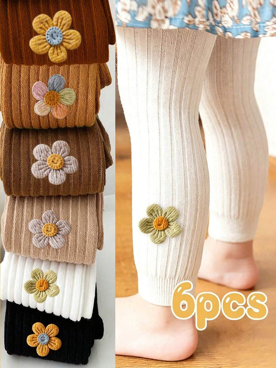 6雙兒童花卉四季款9/10長度褲襪，甜美可愛風格女童日常穿著，秋冬棕色調貼身打底褲，適合返校季 - 彩色 - 查看 1
