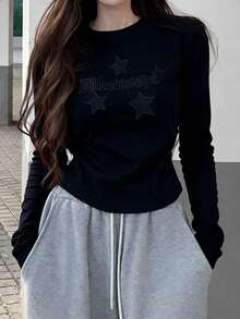 Minimalist Dark Color Star & Gothic Letter Print Cropped Long Sleeve Top, Slim Fit Elastic Spicy Girl Style Basic Layering T-Shirt For Women, Autumn - Black - View 5