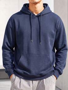 Blueprint Man 1pc Men's Deep Blue Sweatshirt, Soft And Smooth Fabric, Comfortable And Skin-Friendly, Adjustable Drawstring Hood, Classic Kangaroo Pocket For Convenient Storage Of Small Items, Solid Color Minimalist Style, Suitable For Daily Wear, Commuting And Home Leisure - Navy Blue - View 1