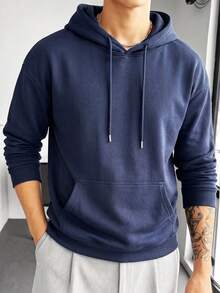 Blueprint Man 1pc Men's Deep Blue Sweatshirt, Soft And Smooth Fabric, Comfortable And Skin-Friendly, Adjustable Drawstring Hood, Classic Kangaroo Pocket For Convenient Storage Of Small Items, Solid Color Minimalist Style, Suitable For Daily Wear, Commuting And Home Leisure - Navy Blue - View 2