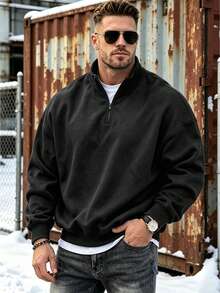 Men's Half-Zip Sweatshirt, Fashionable Sports Stand Collar Top, Suitable For Daily Wear, Exercise And Vacation, Perfect Gift For Husband - Black - View 1