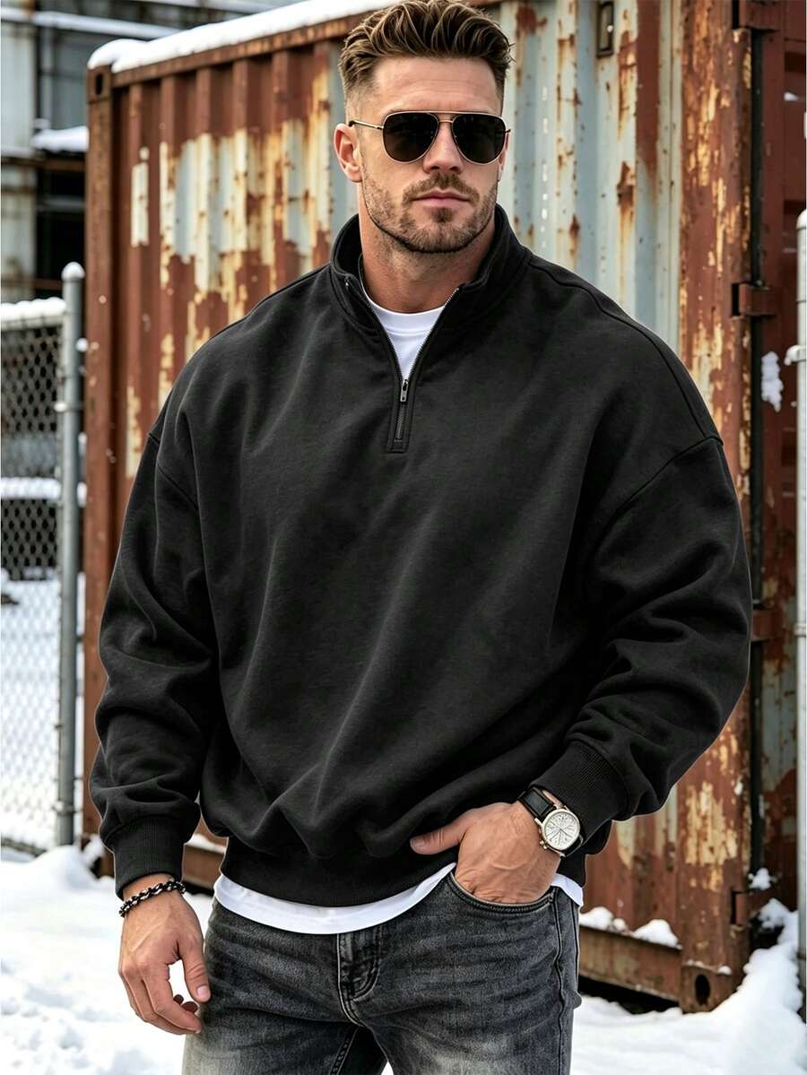 Men's Half-Zip Sweatshirt, Fashionable Sports Stand Collar Top, Suitable For Daily Wear, Exercise And Vacation, Perfect Gift For Husband - Black - View 1