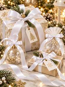 1 Roll 25 Yards Multi-Size White Christmas Solid Color Single-Sided Polyester Satin Ribbon, Gift Box Packaging Ribbon, Candy Box, Cake Box, Flower Decoration Ribbon, DIY Decoration Ribbon, Wedding, Party, Christmas Decoration Ribbon - White - View 5