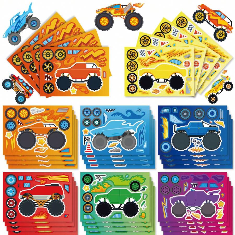 24pcs Monster Truck DIY Kids Stickers, Changeable Face Design To Create Your Favorite Truck Image, Parent-Child Interactive Puzzle Toy, Develops Children's Brain, Holiday Party Gift, Gift Packaging Sticker, Kindergarten Toy, Can Be Used For Home Decor, Stick On Table, Notebook, Balloon, Luggage, Refrigerator, Etc. - Mixed Color - View 1