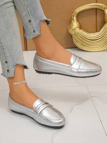 2025 Women's Spring New Elegant Slip-On Loafers, Lightweight Comfortable Versatile Rubber Flat Shoes, Silver Sneakers - Silver - View 3