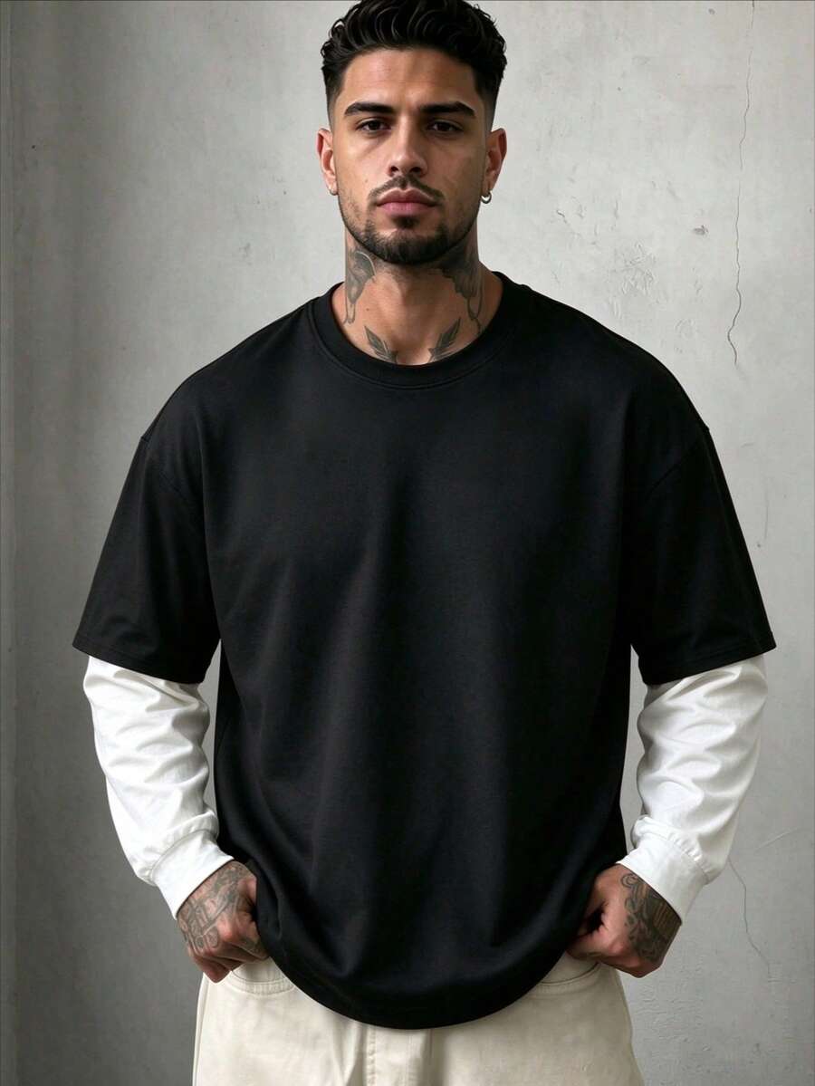 ZYNTH BALENO Men's Spring/Summer 2-In-1 Layered Crew Neck Long Sleeve T-Shirt, Suitable For Sports, Classic Solid Color - Black - View 1