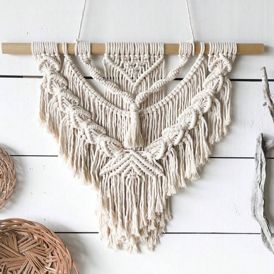 1pc Bohemian Style Macrame Wall Hanging, Handmade Woven Tassel Wall Tapestry, Living Room Bedroom Farmhouse Background Wall Decor - Beige - View 1