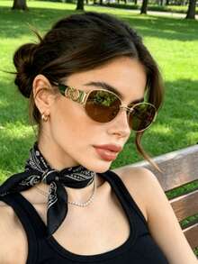 1pc Vintage Retro Oval Frame Metal Chain Decor Fashion Glasses For Women, Y2K UV Protection, Summer Beach Travel Vacation Party, Daily Outfit, Photo-Worthy, Gift Choice - Jinquan Tea - View 1