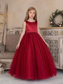 少女優雅蝴蝶結花童禮服公主長裙，適合青少年女孩婚禮派對、生日宴會、舞會及重要場合 - 酒紅色 - 查看 3
