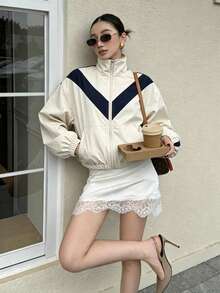 Autumn New Women's Woven Jacket Coat, Vintage Colorblock, Fashionable Stand Collar, Preppy Style, Apré Outfit Piece, Daily Commute, Sports, Multi-Style - Multicolor - View 3