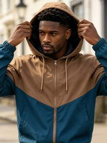 Men's Spring And Autumn Color-Block Hooded Jacket And Sports Set, Suitable For Street Wear, Sports Running, Camping, And Cycling, Twopiece Set - Navy Blue - View 6