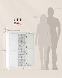 VASAGLE Mueble de Baño, Armario de Cocina y Almacenaje con 4 Puertas, Estantes Ajustables, 30 x 60 x 110 cm, Blanco BBC552P31 - Blanco - Ver 6