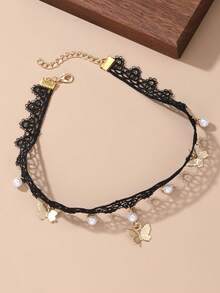 1pc/2pcs Girls Gentle Lace Choker Necklace With Faux Pearl Heart Pendant, Short Collarbone Chain Accessory, Sweet Girl Style - Multicolor - View 20
