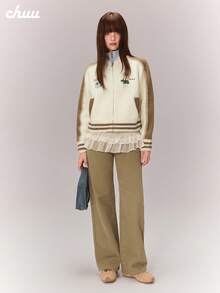 Áo cardigan len dệt kim thêu chữ và số CHUU, áo len nữ mùa đông phối màu tương phản, tay dài, khóa kéo - Màu be - Xem 2