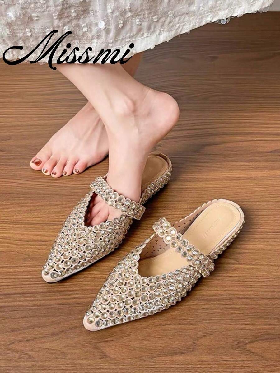 Design Niche Fishnet Wedge Heel Closed Toe Half Slide Sandals For Women, Summer Outdoor Wear Woven Mesh Hollow Out High Heel Slide Sandals - Gold - View 1