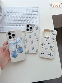 3pcs Blue Cherry Print TPU Shockproof Full Coverage Precise Protective Case Compatible With Apple 11/12/13/14/15/16/16Pro/16ProMax/17/17pro/17ProMax/18pro 18ProMax - Multicolor - View 1