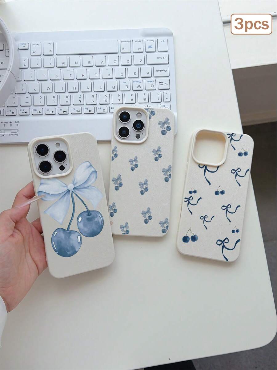 3pcs Blue Cherry Print TPU Shockproof Full Coverage Precise Protective Case Compatible With Apple 11/12/13/14/15/16/16Pro/16ProMax/17/17pro/17ProMax/18pro 18ProMax - Multicolor - View 1