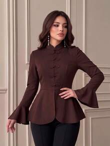 Women's Autumn Dark Brown Stand Collar Frog Button Flared Sleeve Ruffle Hem Top, Back Tie Waist, Elegant Date & Commute Outfit - Coffee Brown - View 2