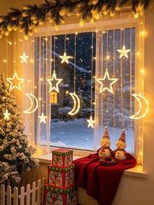 1pc Christmas Star Moon Curtain Lights,Battery Powered LED Window Curtain String Lights With Steady On & Flash Modes, Hanging Star Moon Fairy Lights For Christmas, Bedroom, Window, Indoor Room Holiday Wall Decorations String Lights - Clear - View 4