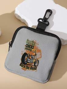 1pc Motorcycle Axe Print Grey Mini Coin Purse, Zipper Closure Small Pouch With Swivel Hook For Earphones Coins Keys Small Items, Can Hang On Backpack - Grey - View 3