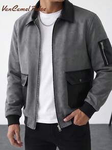 Vancamel Pulse Men's Outdoor Casual Faux Suede Jacket, Versatile Patchwork Collar Men's Flight Jacket - Grey - View 2