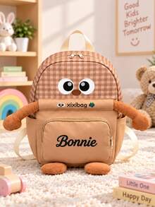 (Custom Embroidery) 1PC Cute Big Eyes Design, Color Block Patchwork, Breathable Lightweight Shoulder Strap, Personalized Name Embroidery, Holiday Gift, School & Travel Dual-Use Lightweight Backpack - Multicolor - View 4