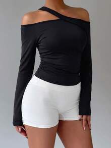 Women's Asymmetrical Shoulder Strap Long Sleeve Sports Top Side Ruched Slim Fit Flattering Yoga Fitness Running Long Sleeve T-Shirt - Black - View 2