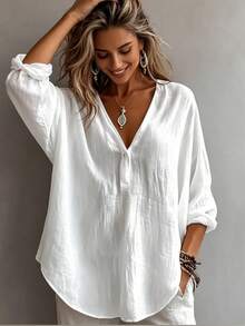 New Women's Casual Loose Fashion Elegant Solid Color Long Sleeve V-Neck Pullover Blouse, Suitable For Daily Wear - White - View 1