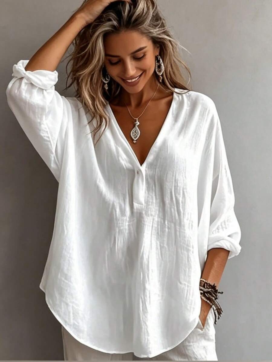 New Women's Casual Loose Fashion Elegant Solid Color Long Sleeve V-Neck Pullover Blouse, Suitable For Daily Wear - White - View 1