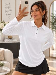 AODSR Women's White Long Sleeve Polo Top, Classic Fit Collared Shirt For Golf, Workout, Travel And Everyday Wear. - White - View 2