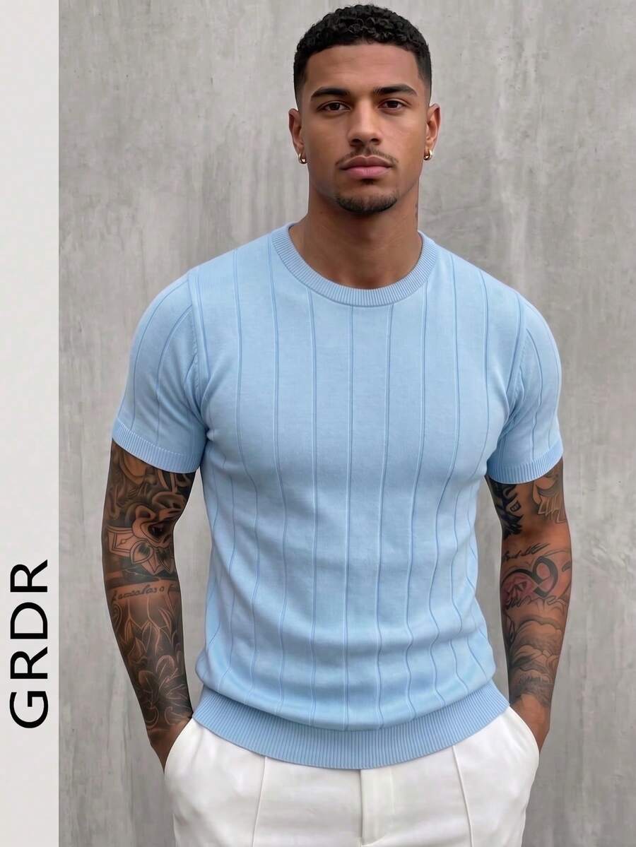 GRDR Men's Solid Color Minimalist Casual Crew Neck Short Sleeve Knit Top