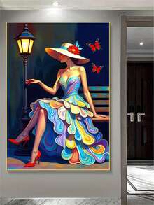 1pc Diamond Painting Kit, Artistic Gradient Color Portrait Diamond Art, Elegant Lady With Street Lamp And Butterfly Decorative Painting, Handmade Rhinestone Wall Decor For Living Room And Bedroom - round diamond - View 3