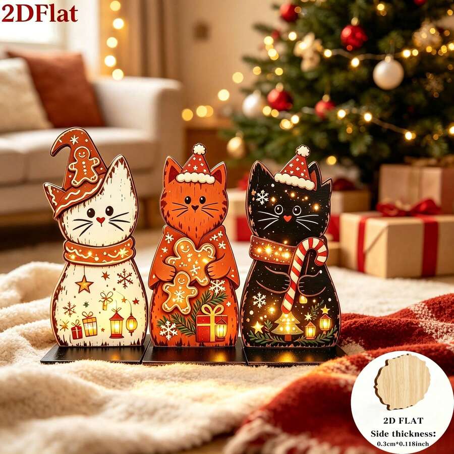 2D Flat, 3pcs Christmas Gingerbread Cat Decoration Set, Gingerbread, Candy Cane, Star, Snowflake, Gift Box, Suitable For Various Home Decor, Winter Family Gathering - A - View 1