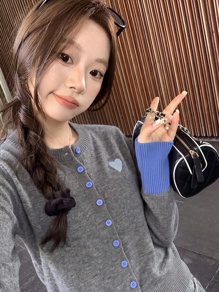 Premium Elegant Heart Embroidery Contrast Color Knit Cardigan Jacket Women Autumn/Winter Inner Layer Top Soft Unique Grey Sweater - Grey - View 1