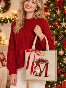 Initial And Name Christmas Canvas Gift Bag, 26 Initials, Custom Large Santa Claus Patterned Cloth Bag, Featuring A Red Bow Ribbon, Personalized Christmas Decoration Gift Party Favor - Multicolor - View 3