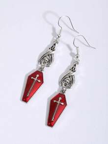 2pcs Vintage Gothic Bat Cross Coffin Board Earrings, Halloween - Red - View 2