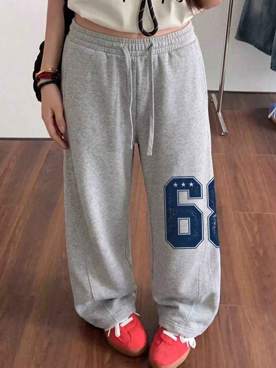 Y2K Korean Style Women's 1pc American Retro Colorblock Large Number Print Drawstring Loose Slimming Versatile Casual Street Wide Leg Sweatpants For Daily Wear - Dark Gray - View 1