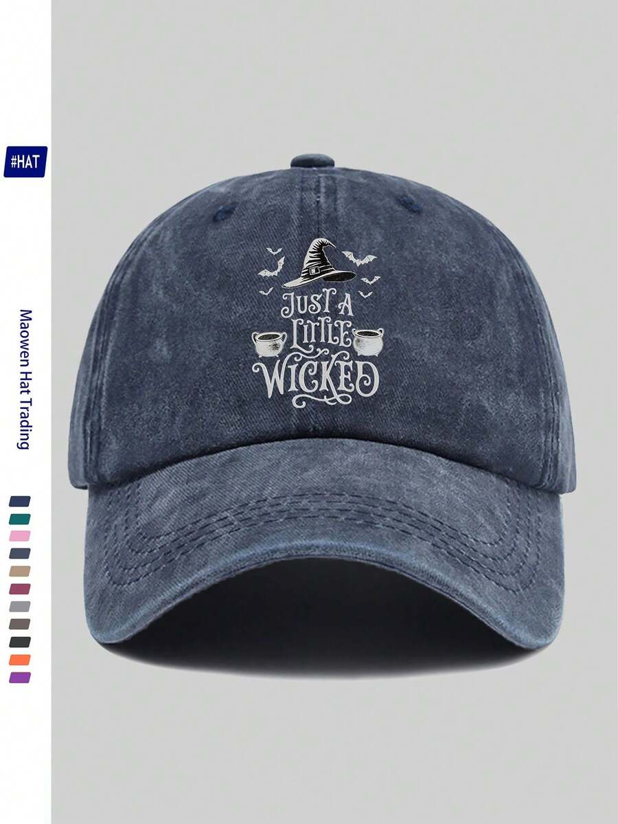 1pc Vintage Washed Distressed Adjustable Baseball Cap Trucker Hat With Witch Bat Print, Funny Halloween Hat For Daily Wear, Photos, Halloween Costume, Cosplay, Versatile - Multicolor - View 1