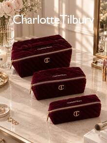 Charlotte Tilbury L Size 20*11*11cm Portable Travel Makeup Bag, Soft Velvet Quilted Cosmetic Storage Bag, Zipper Large Capacity Makeup Organizer, Suitable For Complete Makeup Set - Burgundy - View 2