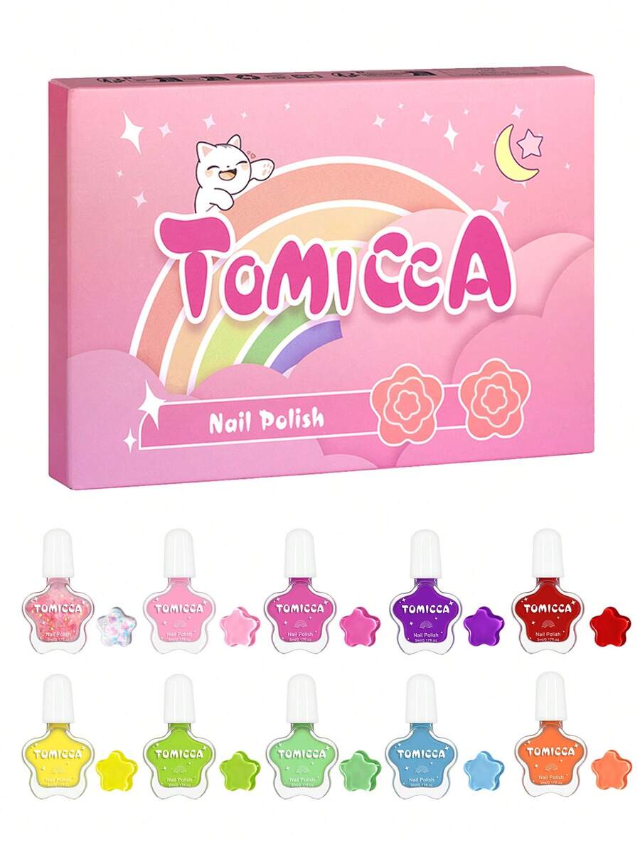 TOMICCA 5ml 10入快乾水性彩色指甲油，易卸除不傷甲，適合初學者居家DIY、美甲店使用或送禮