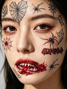 Halloween Scary Temporary Tattoo Stickers, Bloody Scar Spider Web Joker Face Tattoos For Cosplay Party - Red - View 5