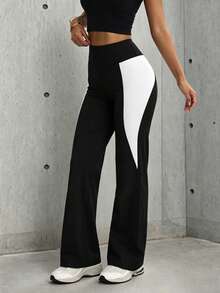 Women's Solid Color Patchwork High Waist Letter Waistband Yoga Casual Sports Knit Long Pants - Black and White - View 4