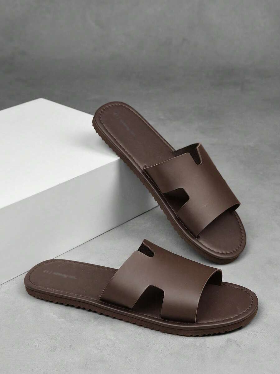 Men's Solid Color Casual Slippers, Microfiber Upper, Casual Non-Slip Open Toe Beach Sandals, Suitable For Indoor And Outdoor Walking, Spring And Summer - Brown - View 1