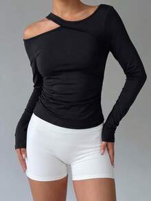 Women's Asymmetrical Shoulder Strap Long Sleeve Sports Top Side Ruched Slim Fit Flattering Yoga Fitness Running Long Sleeve T-Shirt - Black - View 8