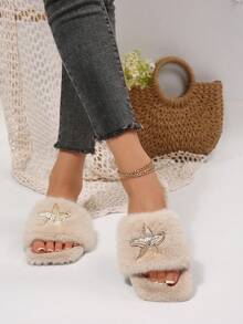 Spring/Autumn New Square Toe Plush One-Strap Flat Sandals For Women, Fashion Rhinestone Starfish Decor Fluffy Fur Slippers, Indoor/Outdoor Dual-Use - Beige - View 7