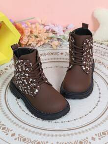 Sepatu Bot Pendek Anak Perempuan Terbaru Musim Gugur/Dingin, Motif Pita Perak di Seluruh Permukaan, Desain Blok Warna, Resleting Samping + Tali, Sol Tebal Anti Selip - Coklat - View 4