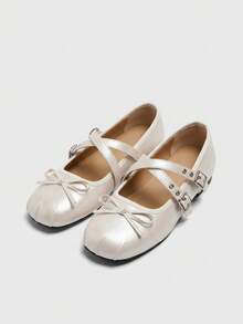 Beige Pleated Round Toe Cross Strap Ballet Flats Women's Spring Autumn Sweet Cool Style Bow Low Top Shoes - Beige - View 3