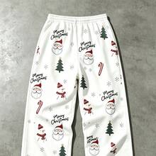 Men Christmas All Over Print Santa Snowman Tree Candy Cane Graphic Drawstring Waist Wide Leg Casual Pants - Multicolor - View 4