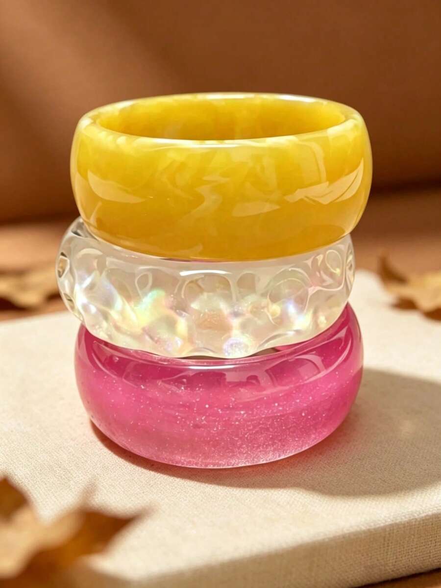 Set Gelang Resin Tebal Bergaya Retro, 3 Buah Gelang Lebar Berwarna-warni yang Dapat Ditumpuk, Perhiasan Pergelangan Tangan Bertekstur Marmer Vintage yang Menarik Perhatian untuk Pakaian Musim Gugur dan Pesta Halloween - MultiWarna - View 1